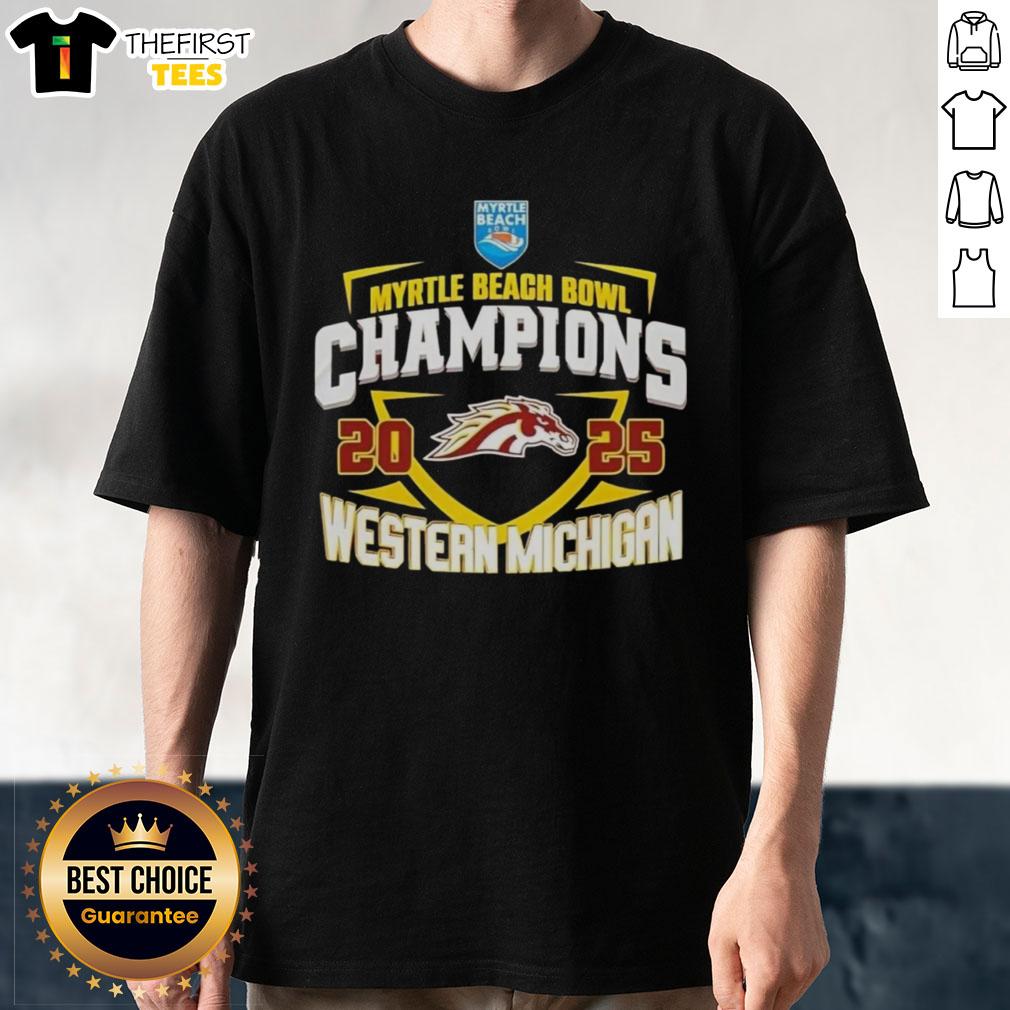 Alt Text: Top Western Michigan Broncos NCAA 2025 Myrtle Beach Bowl Champions logo T-shirt featuring vibrant team colors.