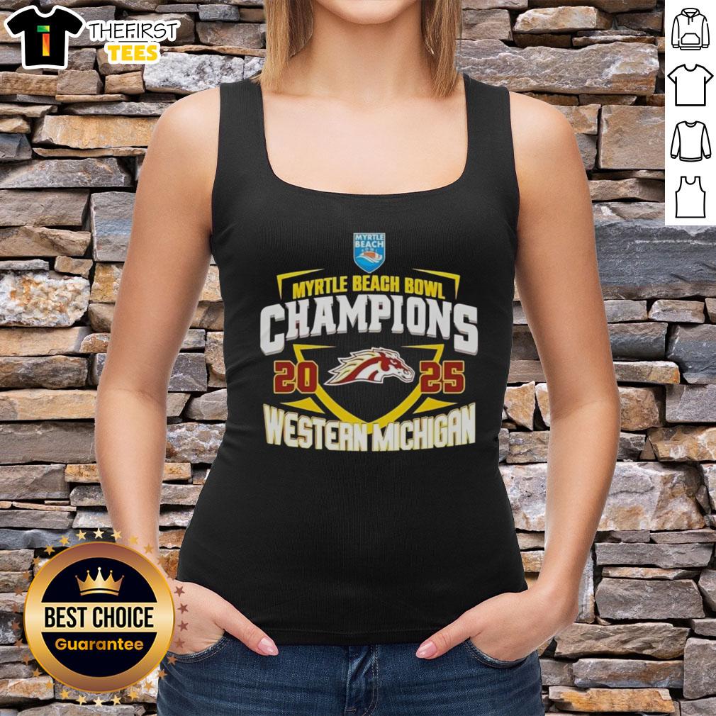 Alt Text: Western Michigan Broncos NCAA 2025 Myrtle Beach Bowl Champions logo tank top featuring vibrant team colors.