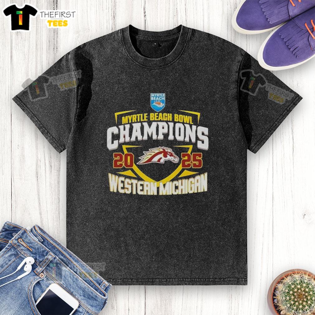 Alt Text: Top Western Michigan Broncos NCAA 2025 Myrtle Beach Bowl Champions logo on a washed t-shirt design.