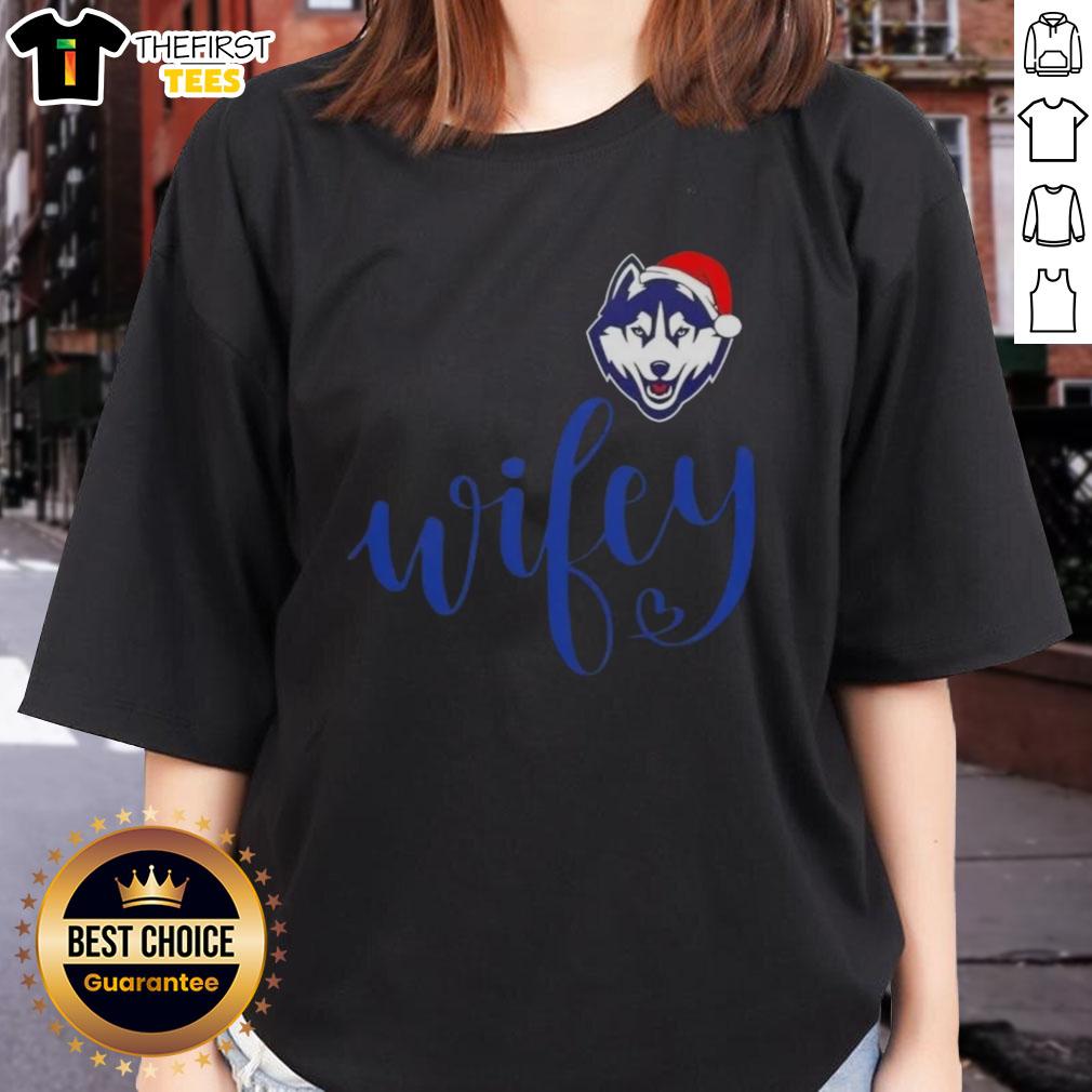 Connecticut Huskies ladies tee with Santa hat, perfect for Christmas celebrations. Top Wifey design for festive fans.