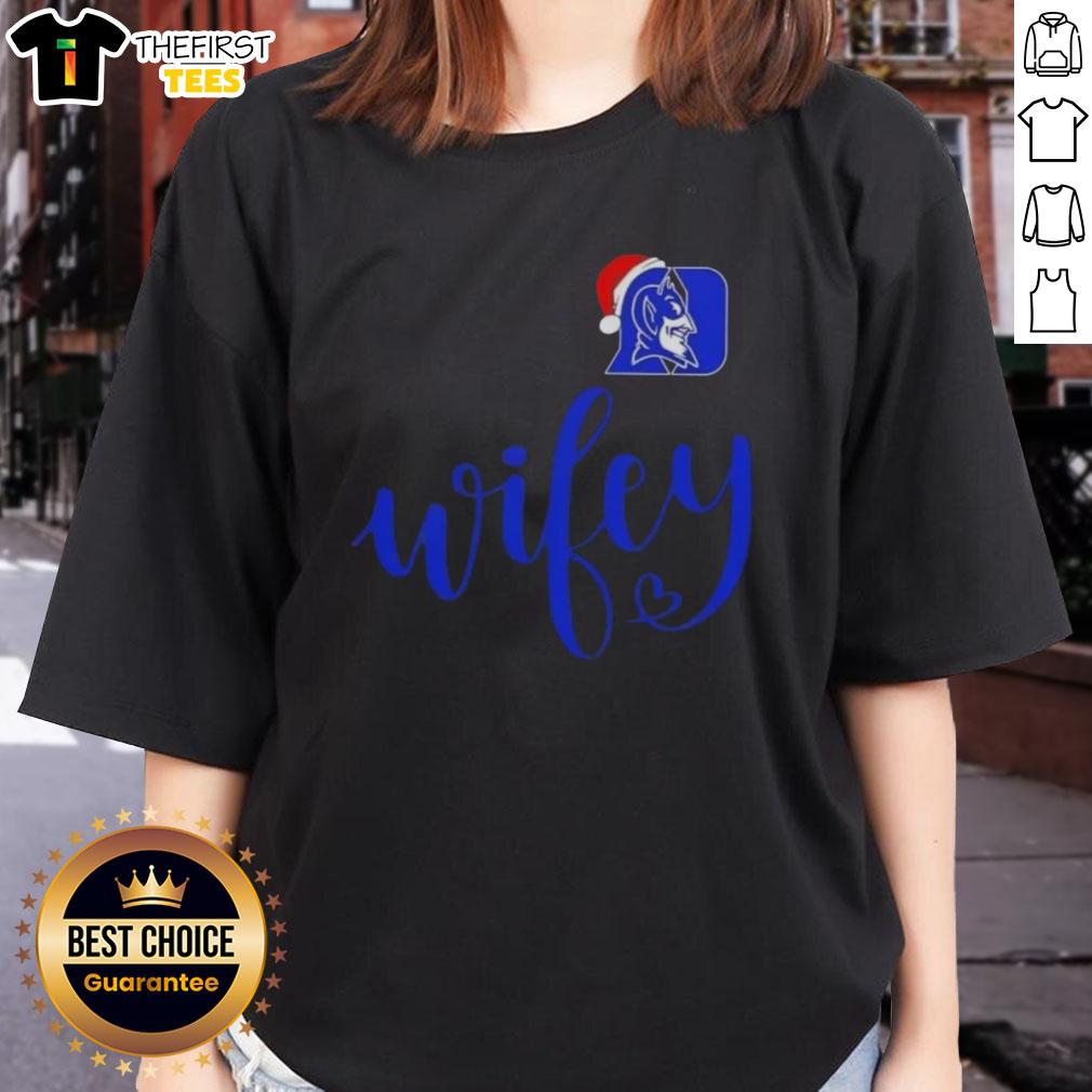 Top Wifey Duke Blue Devils Santa Hat Merry Christmas Ladies Tee featuring festive design for fans celebrating the holidays.