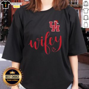 Alt Text: Top Wifey Houston Cougars Merry Christmas ladies tee with Santa hat design for festive college sports fans.
