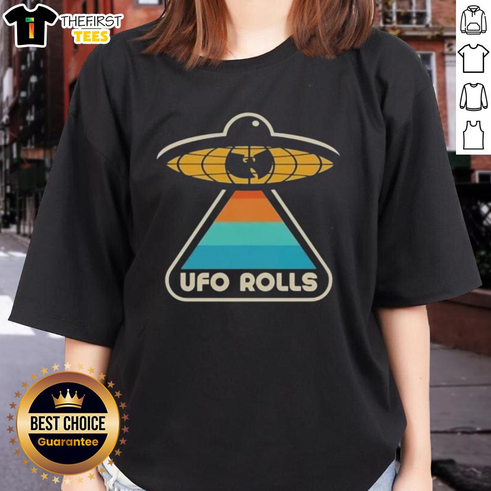 Retro ladies tee featuring the Top Wu-Tang Clan X UFO Rolls logo, perfect for fans of hip-hop and stylish streetwear.