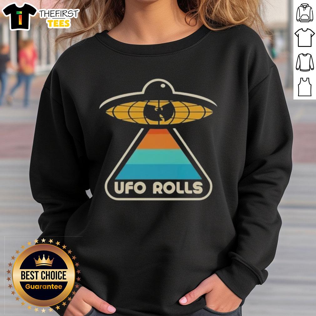Retro Wu-Tang Clan x UFO Rolls logo sweatshirt featuring vibrant graphics and classic streetwear style.