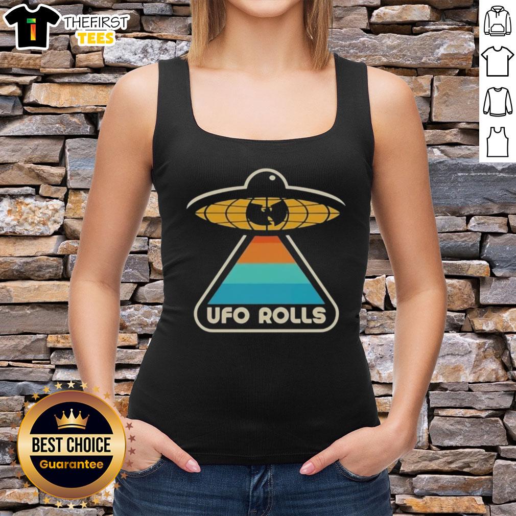 Alt Text: Retro tank top featuring the Wu-Tang Clan X UFO Rolls logo, perfect for fans of hip-hop and streetwear fashion.