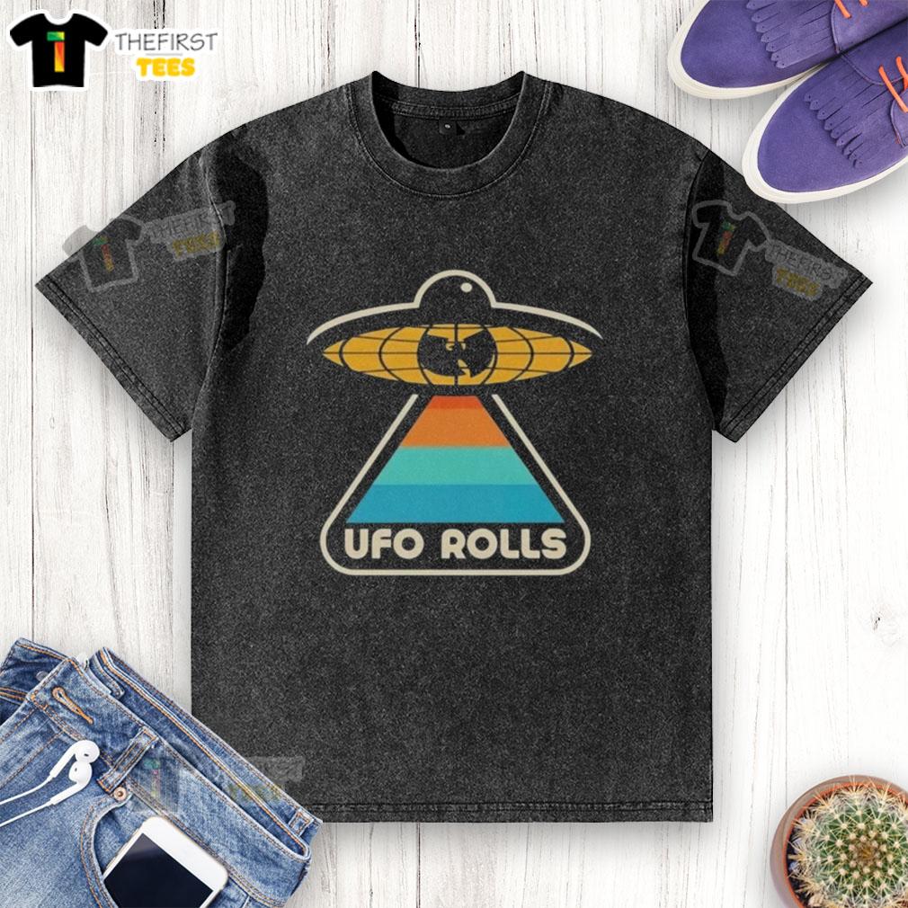Retro washed T-shirt featuring the Wu-Tang Clan x UFO Rolls logo in vibrant colors, perfect for hip-hop fashion fans.