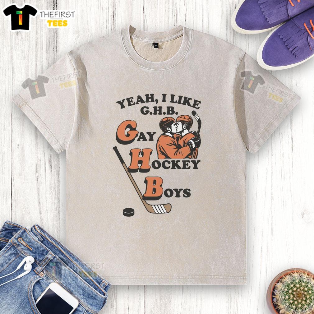 Top Yeah I Like G.H.B. Gay Hockey Boys washed t-shirt featuring vibrant colors and a fun graphic design.
