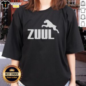 Top Zuul Logo Parody Ladies Tee featuring a playful design inspired by the classic Zuul logo, perfect for fans.