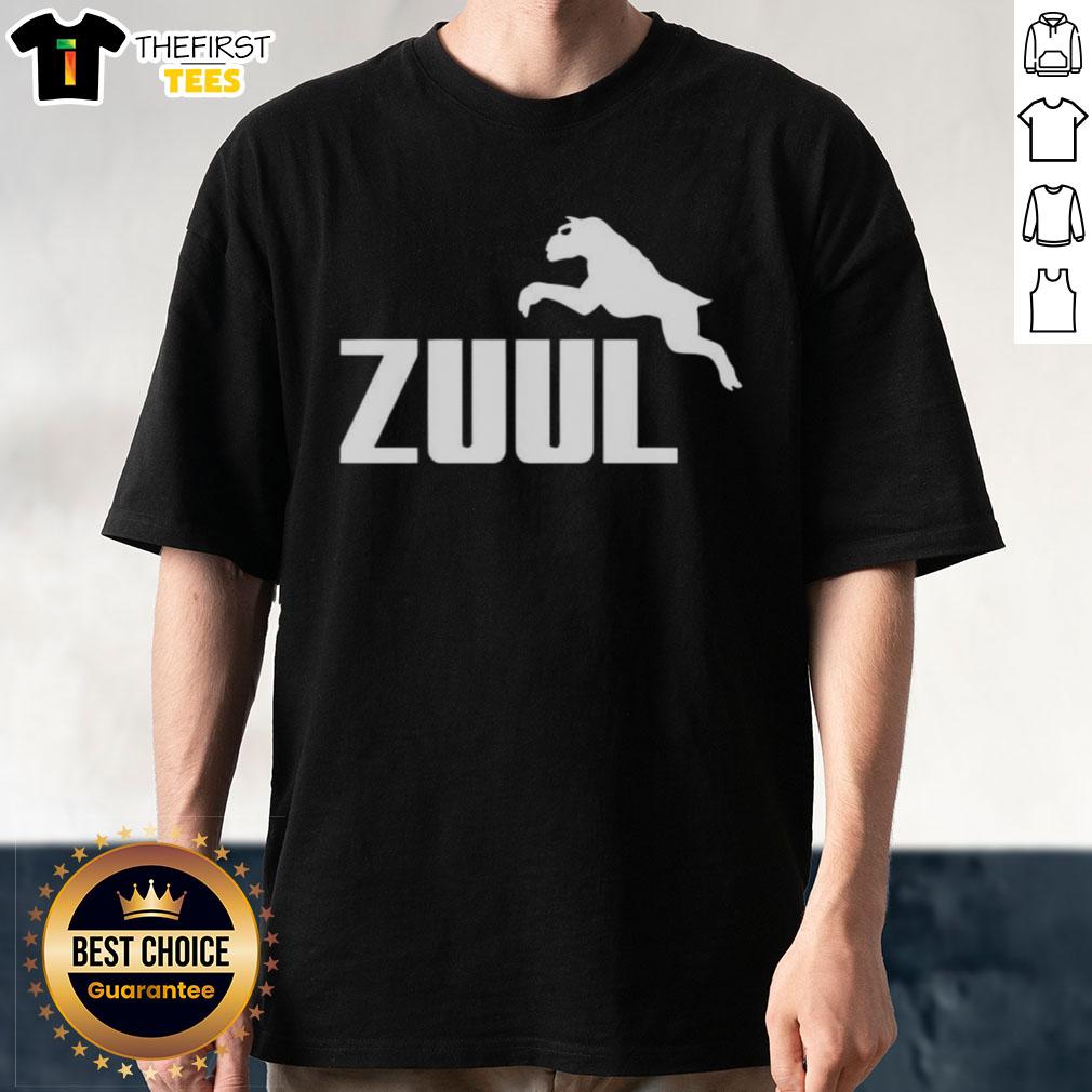 Top Zuul Logo Parody T-Shirt featuring a creative twist on the iconic Zuul design in vibrant colors.