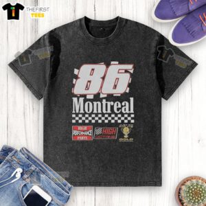 Alt Text: Awesome Montreal 86 High Performance Parts washed t-shirt featuring a vintage design, perfect for car enthusiasts.