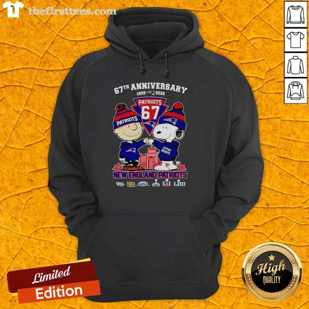 Alt Text: Snoopy and Charlie Brown in New England Patriots hoodie, celebrating 67 years of football history from 1959 to 2026.