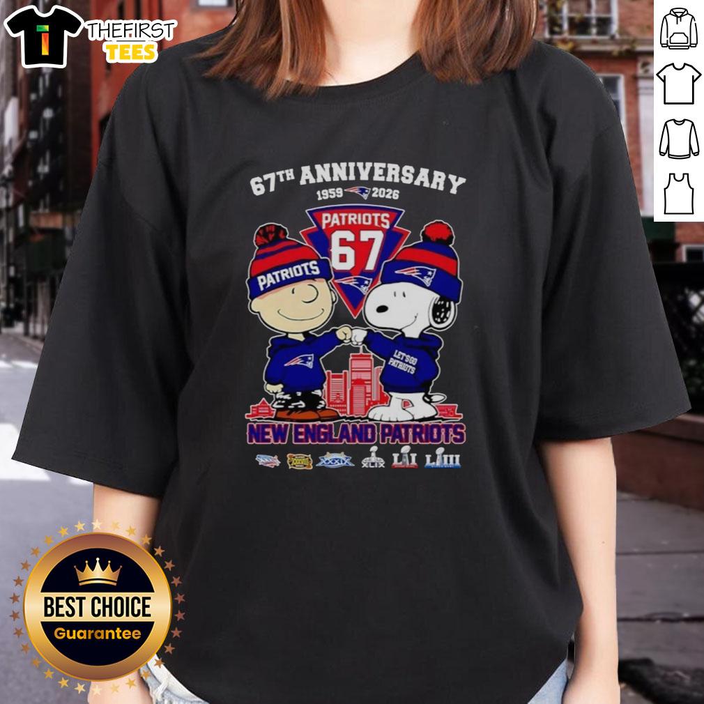 Awesome Snoopy and Charlie Brown New England Patriots Football tee celebrating 67 years of history, perfect for fans.