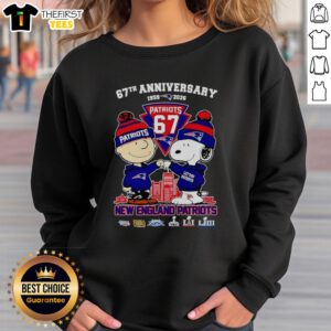 Alt Text: Awesome Snoopy and Charlie Brown New England Patriots Football sweatshirt celebrating 67 years of history (1959-2026)