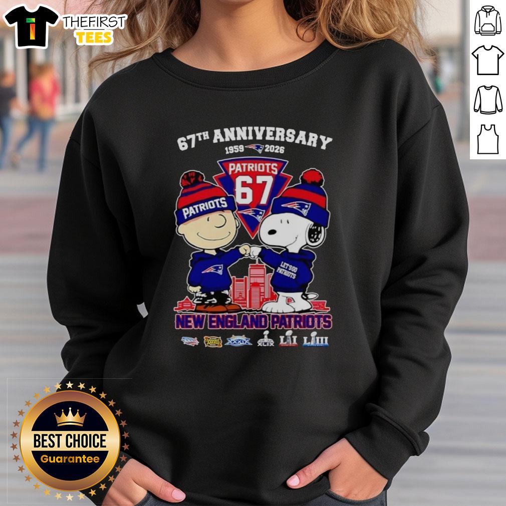 Alt Text: Awesome Snoopy and Charlie Brown New England Patriots Football sweatshirt celebrating 67 years of history (1959-2026)