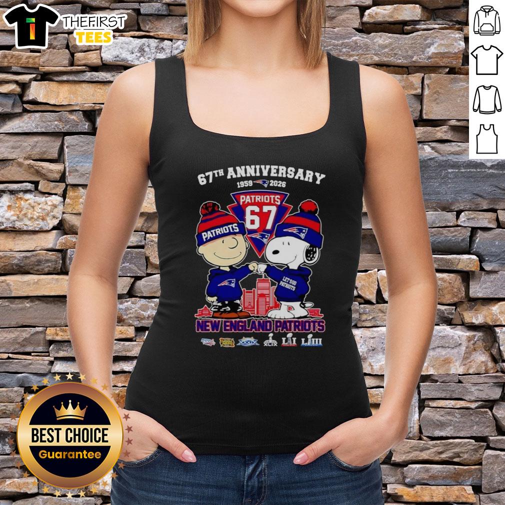 Awesome Snoopy and Charlie Brown New England Patriots football tank top celebrating 67 years of history, 1959-2026.