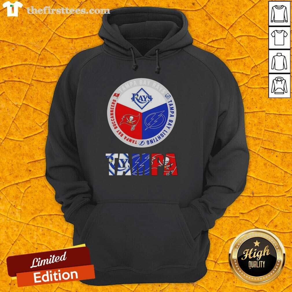 Awesome Tampa Bay City sports hoodie featuring Rays, Lightning, and Buccaneers logos for fans and sports enthusiasts.