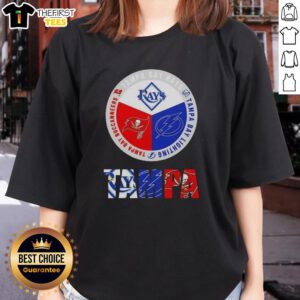 Awesome Tampa Bay City sports logos for Rays, Lightning, and Buccaneers on a stylish ladies tee shirt design.