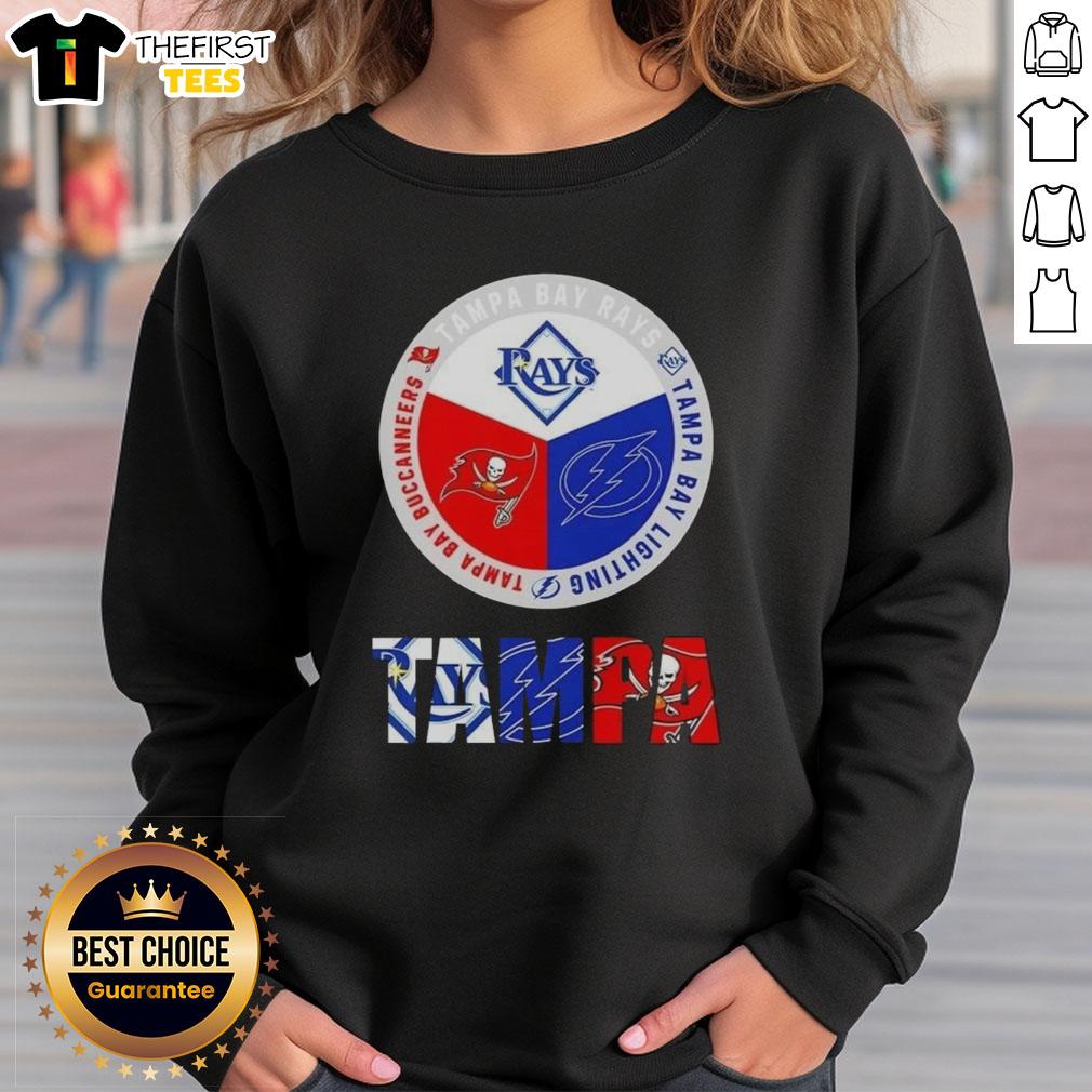 Awesome Tampa Bay City sports sweatshirt featuring Rays, Lightning, and Buccaneers logos for passionate fans.