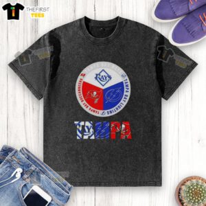 Alt Text: Awesome Tampa Bay city sports logos on a washed t-shirt featuring Rays, Lightning, and Buccaneers designs.