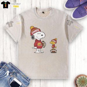 Alt Text: Cute Kansas City Chiefs Snoopy Woodstock football NFL washed t-shirt featuring vibrant graphics and a relaxed fit.