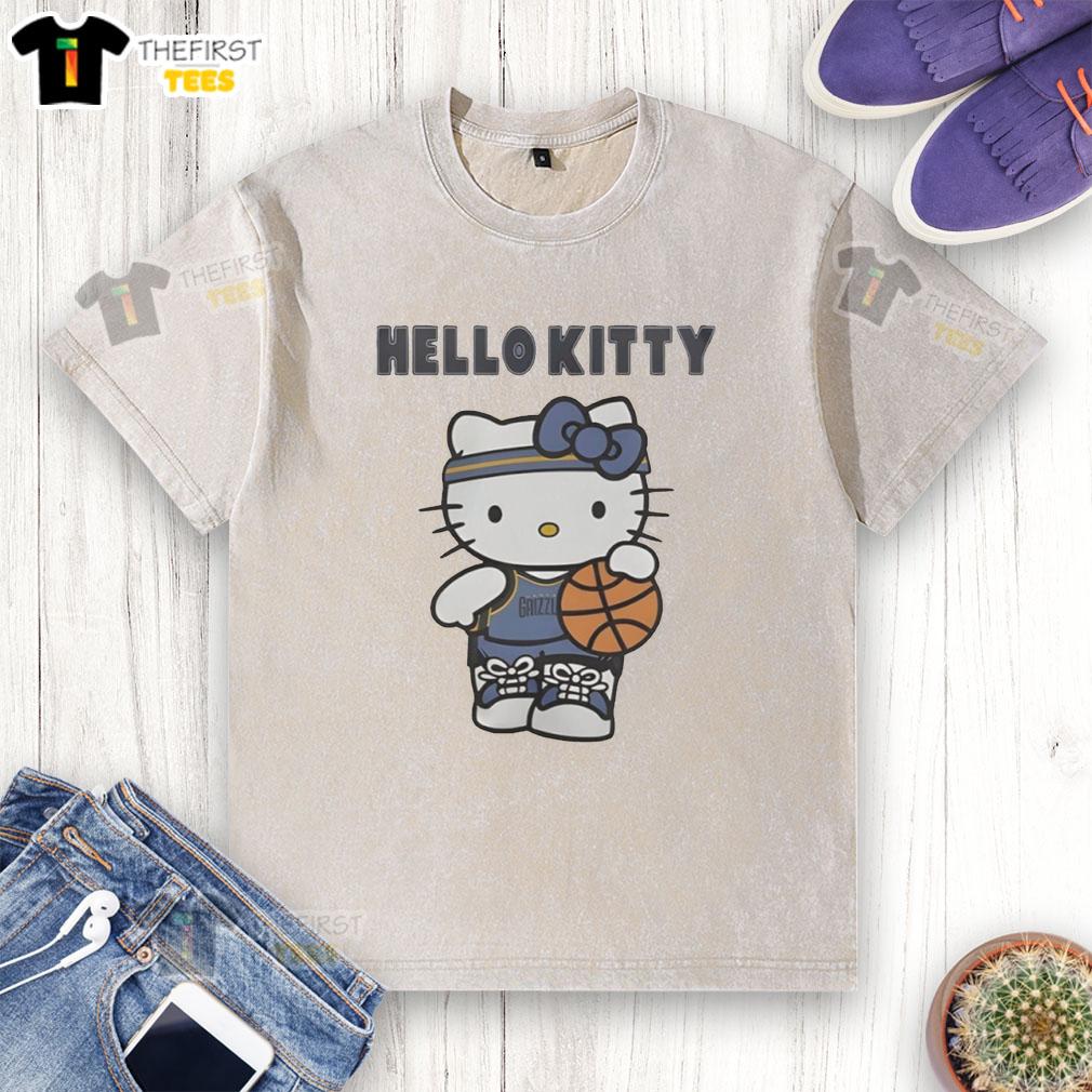 Alt Text: Cute Memphis Grizzlies X Hello Kitty washed t-shirt featuring vibrant graphics and a playful design for fans.