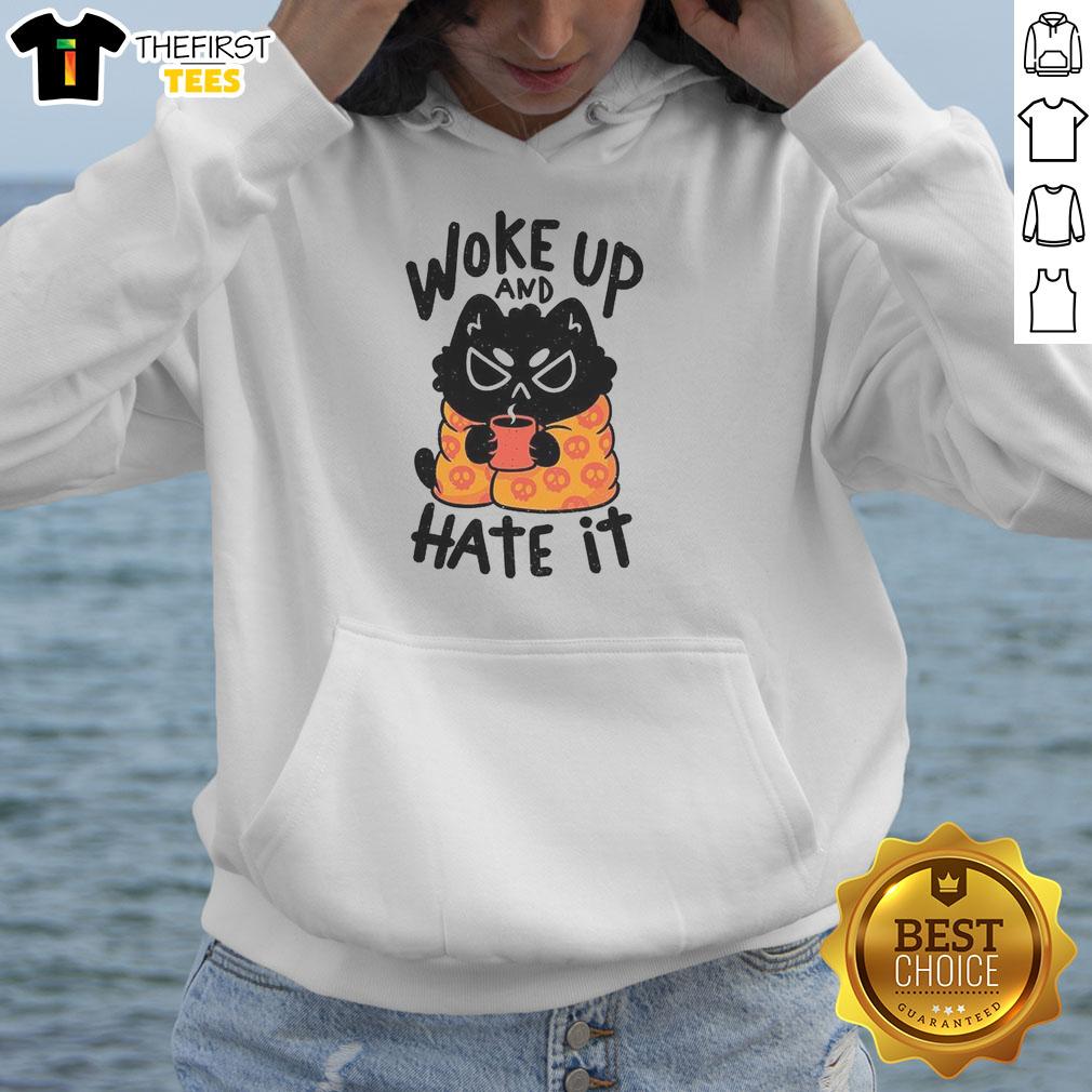 Funny cat woke up and hates it hoodie design featuring a grumpy cat with a humorous expression and vibrant colors.