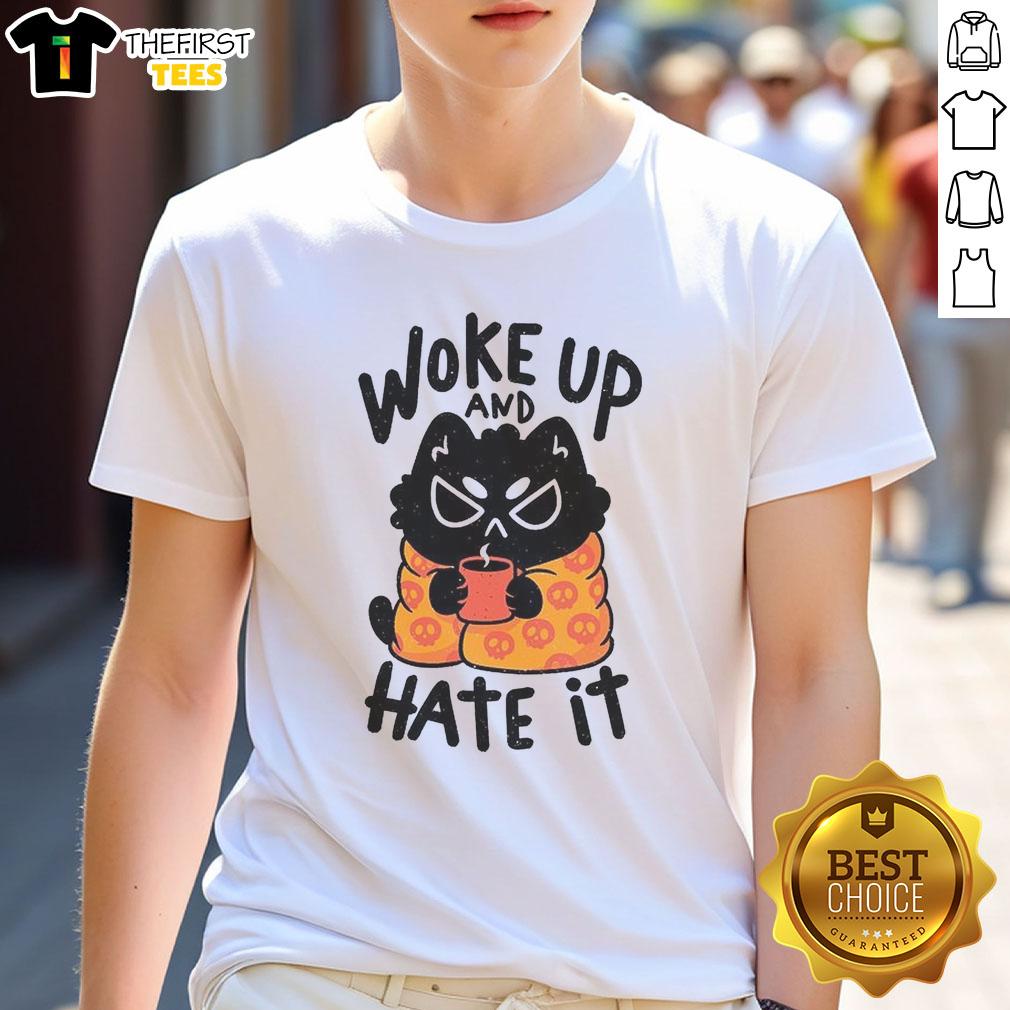 Funny Cat Woke Up And Hate It T-Shirt featuring a grumpy cat graphic, perfect for cat lovers and humor enthusiasts.