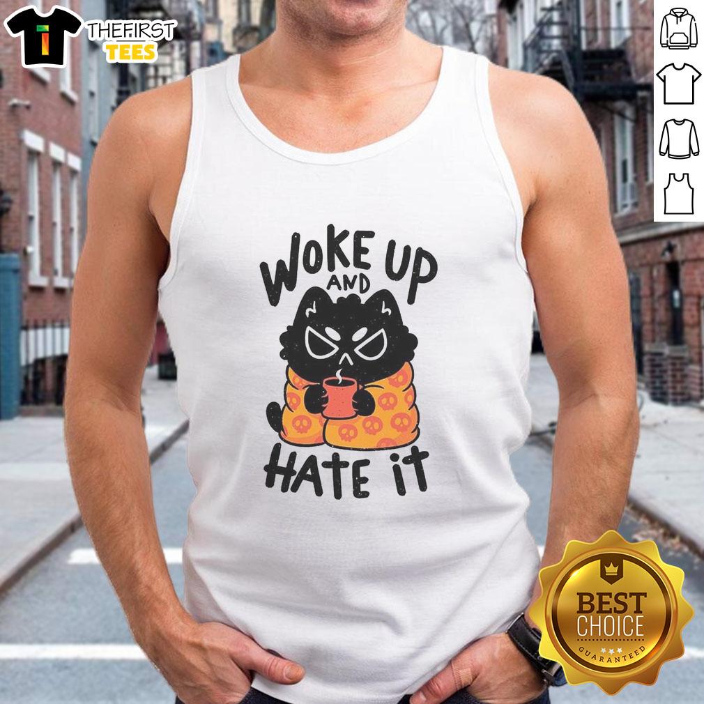 Funny cat wearing a tank top, looking grumpy after waking up, captures the essence of 'Funny Cat Woke Up And Hate It'.