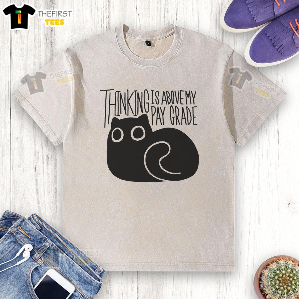 Happy cat with a thoughtful expression wearing a 'Thinking is Above My Parade' washed t-shirt, showcasing playful humor.