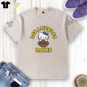 Happy Hello Kitty x Los Angeles Rams NFL logo washed t-shirt featuring a playful design perfect for fans and collectors.