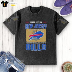Buffalo Bills football flag washed t-shirt, perfect for game day, showcasing pride for the team despite living in New Jersey.