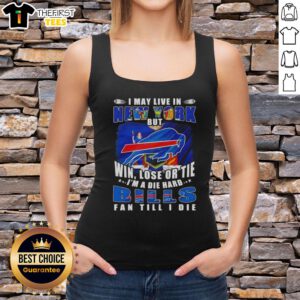 Buffalo Bills fan wearing a 'Hot I May Live in New York' tank top, showcasing die-hard team spirit and loyalty.