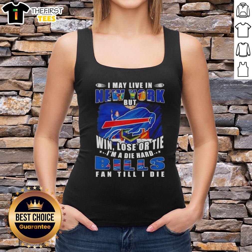 Buffalo Bills fan wearing a 'Hot I May Live in New York' tank top, showcasing die-hard team spirit and loyalty.