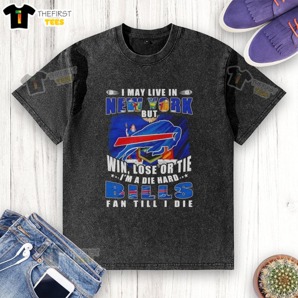 Alt Text: Die-hard Buffalo Bills fan wearing a washed T-shirt, showcasing pride with 'Hot I May Live In New York' slogan.
