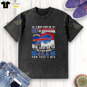 Die-hard Buffalo Bills fan wearing a washed t-shirt that says 'I may live in North Carolina, but I'm a Bills fan.'
