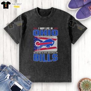 Ohio resident in a Buffalo Bills football flag washed t-shirt, showcasing team spirit on game day.