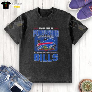 Alt Text: Buffalo Bills football flag washed t-shirt, perfect for game day, showcasing team spirit in Pennsylvania.