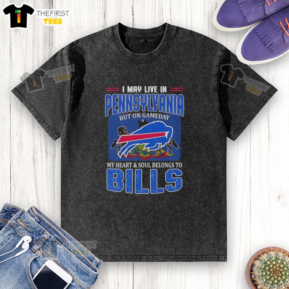 Alt Text: Buffalo Bills football flag washed t-shirt, perfect for game day, showcasing team spirit in Pennsylvania.