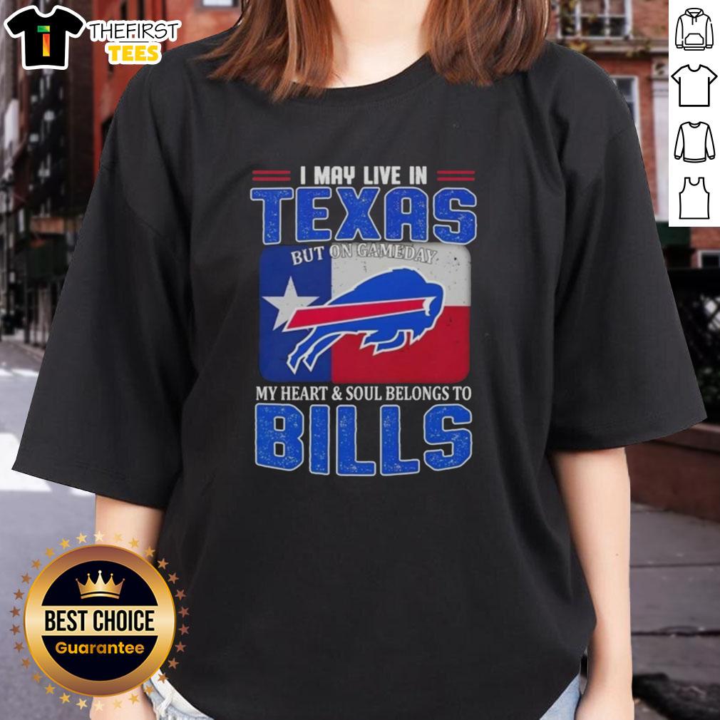 Alt Text: Buffalo Bills football flag ladies tee showcasing love for the team, perfect for game day in Texas.