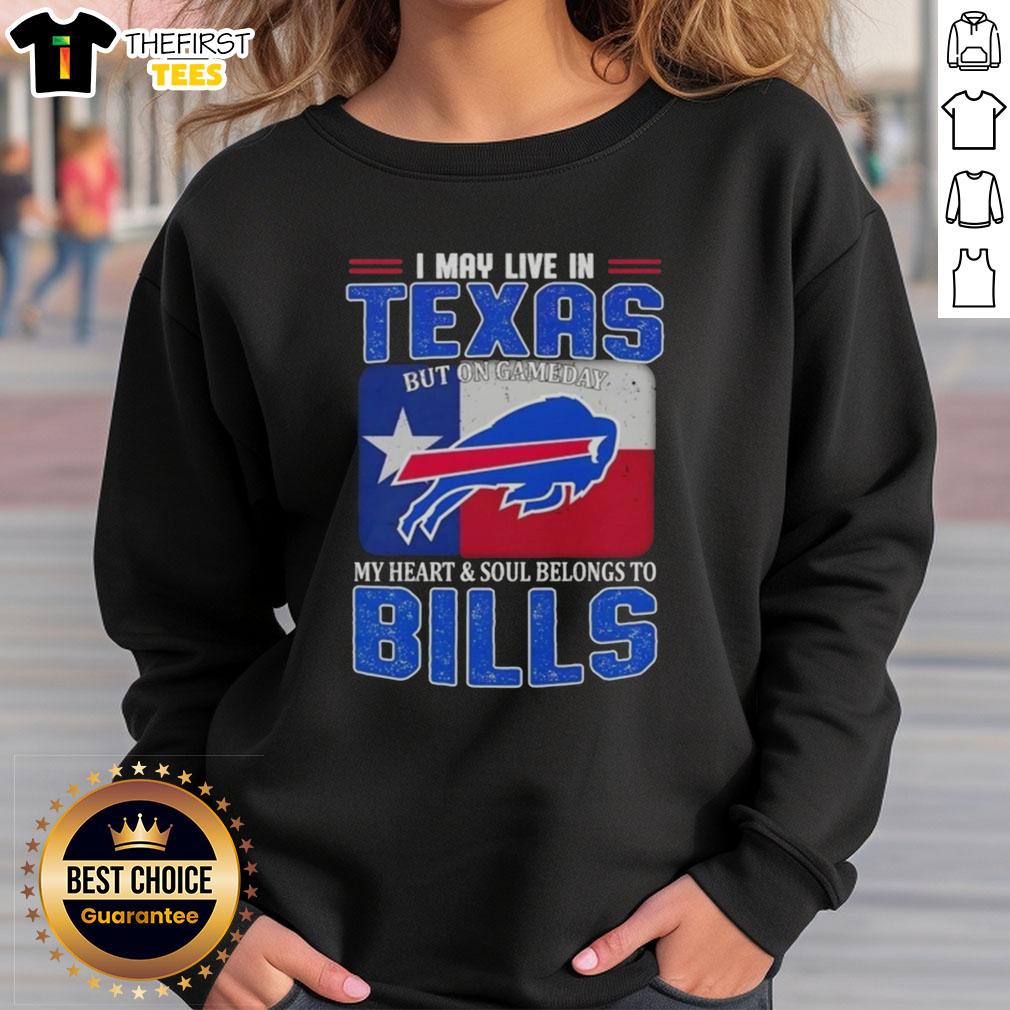 Cozy sweatshirt featuring Buffalo Bills football flag design, perfect for game day in Texas. Show your team spirit!