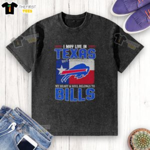 Buffalo Bills football flag washed t-shirt, perfect for game day, showcasing team spirit while living in Texas.