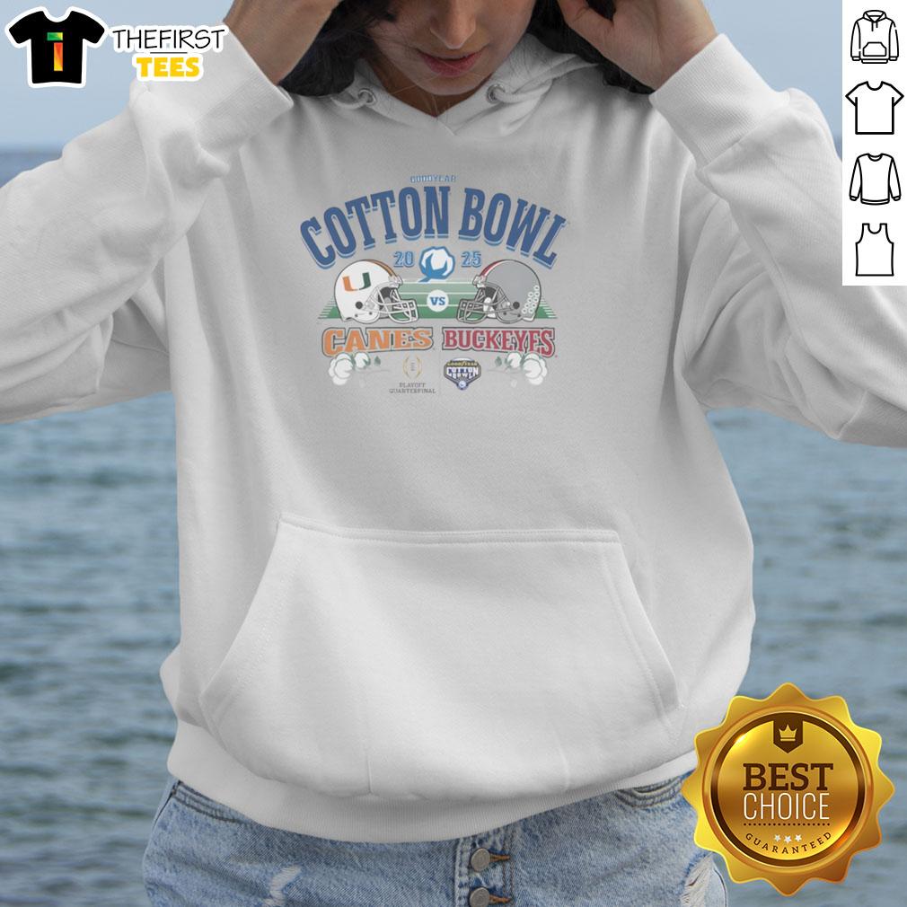 Hot Miami Hurricanes vs Ohio State Buckeyes Goodyear Cotton Bowl 2025 hoodie featuring team logos and vibrant colors.
