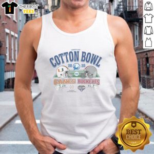 Hot Miami Hurricanes vs Ohio State Buckeyes Goodyear Cotton Bowl 2025 tank top featuring vibrant team colors and logos.