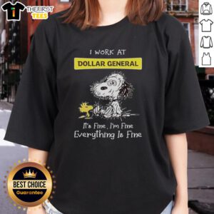 Alt Text: Hot Snoopy and Woodstock graphic on a ladies tee, featuring 'I work at Dollar General, it's fine, I'm fine' design.