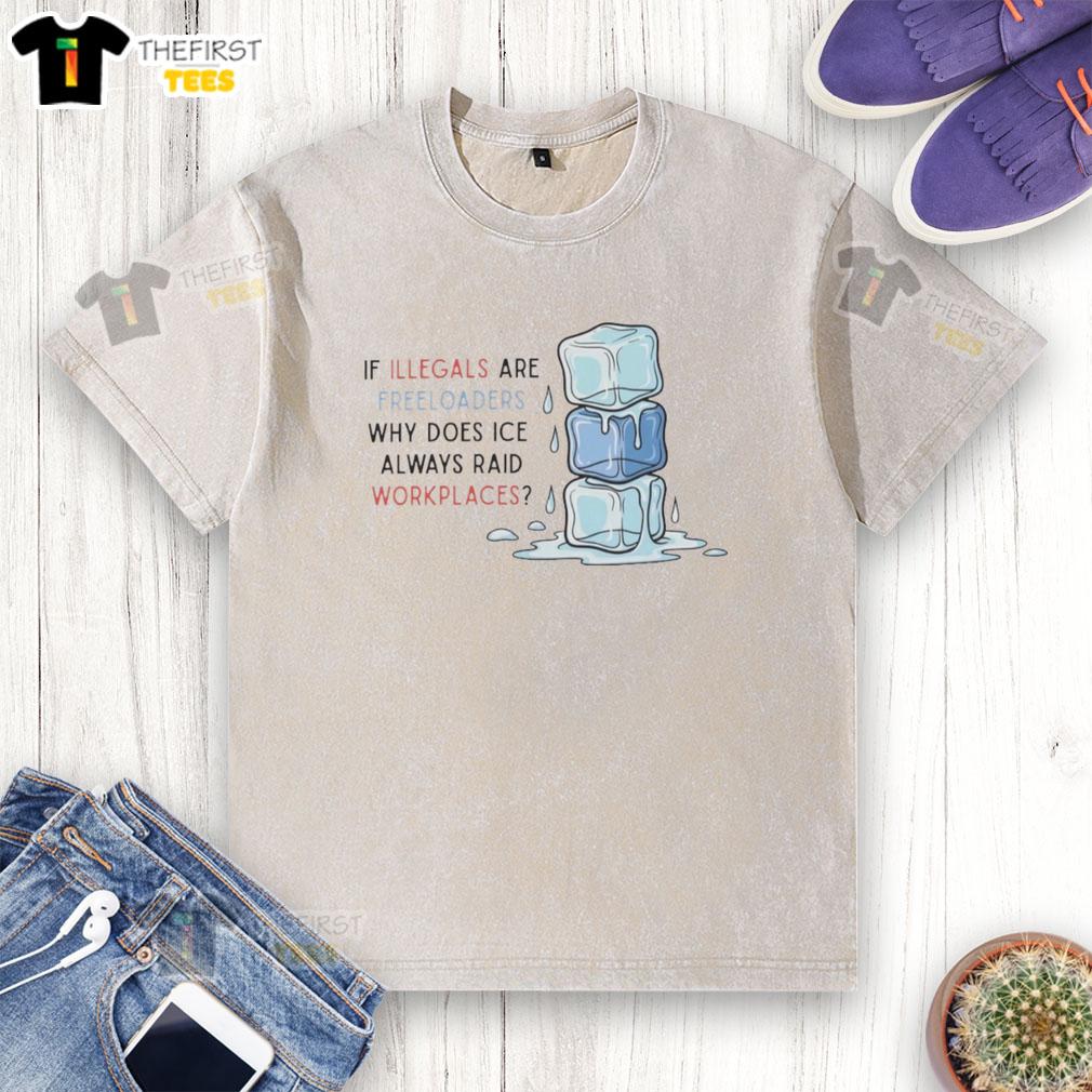 Washed t-shirt featuring 'Nice ICE Raids: Why Does ICE Always Raid Workplaces?' addressing illegal immigration debates.