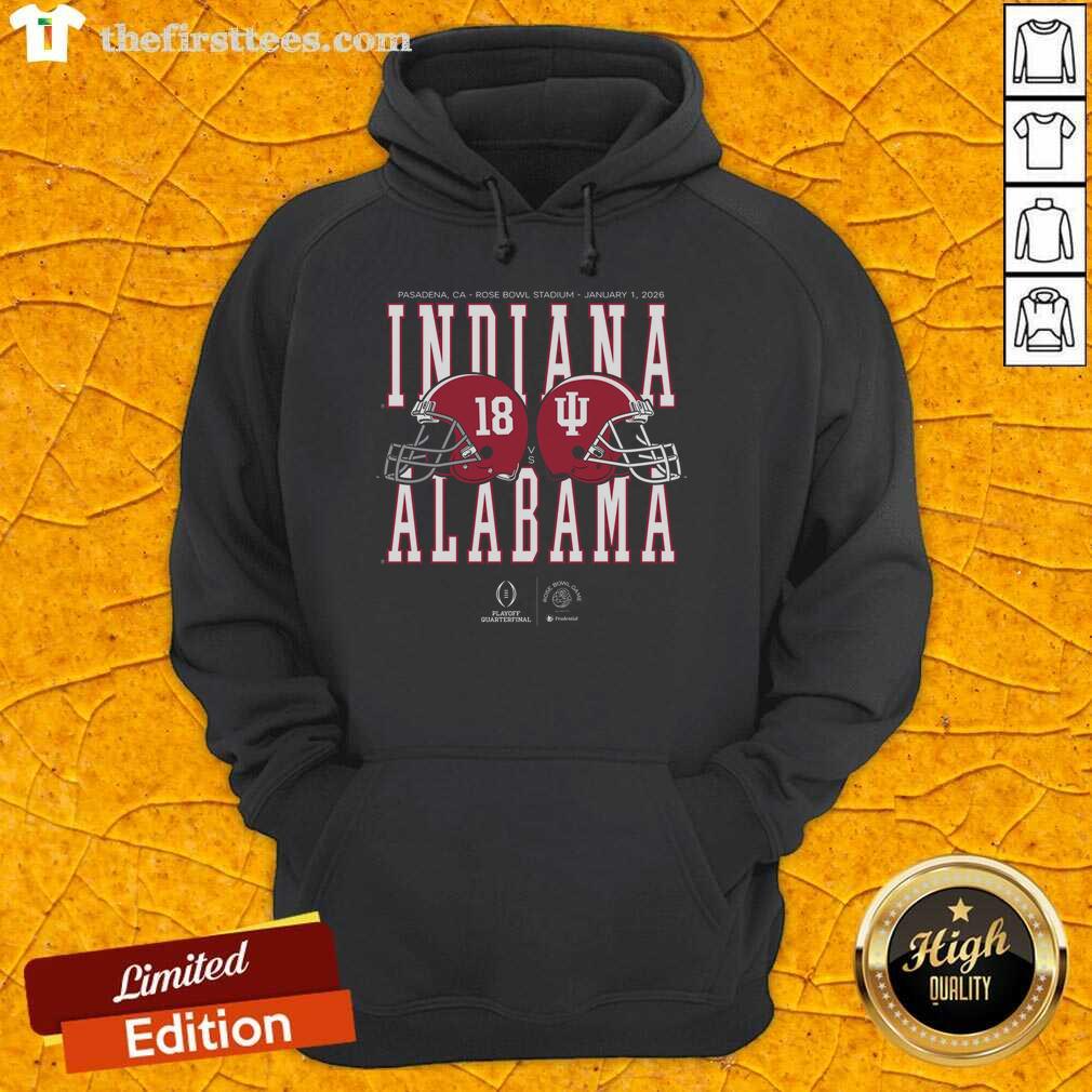 Alt Text: 2026 Rose Bowl Game hoodie featuring Alabama vs Indiana helmet matchup design for football fans.