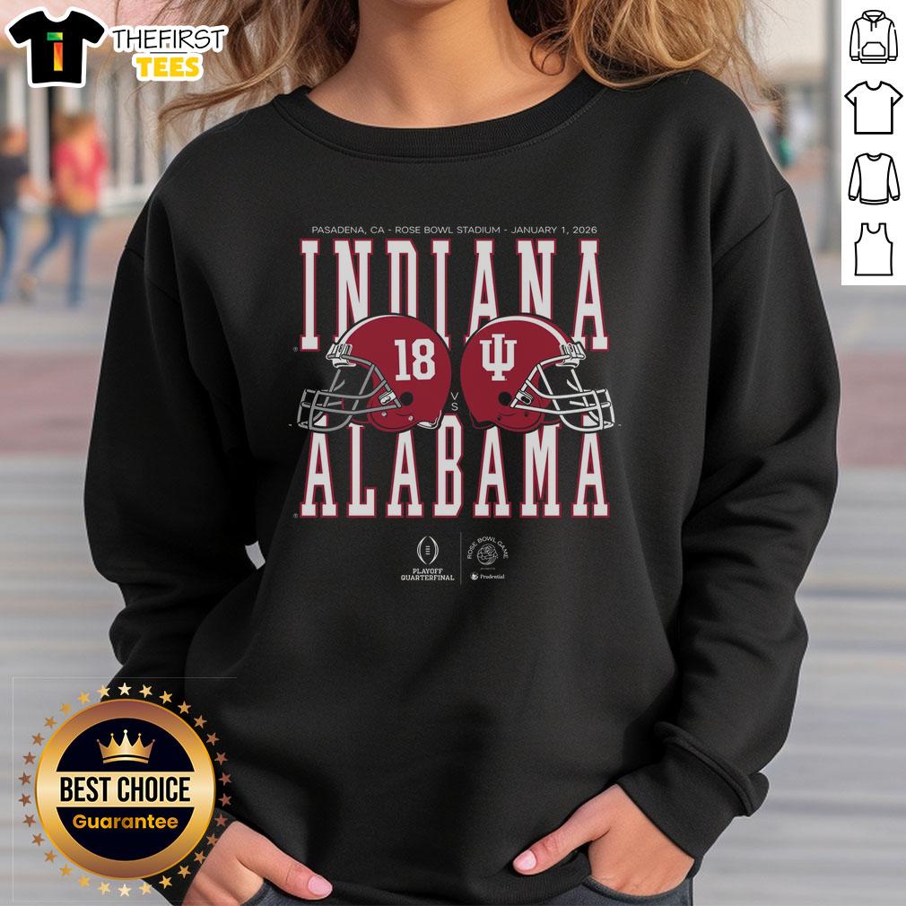 2026 Rose Bowl Game sweatshirt featuring Alabama vs Indiana helmet matchup design, perfect for football fans.