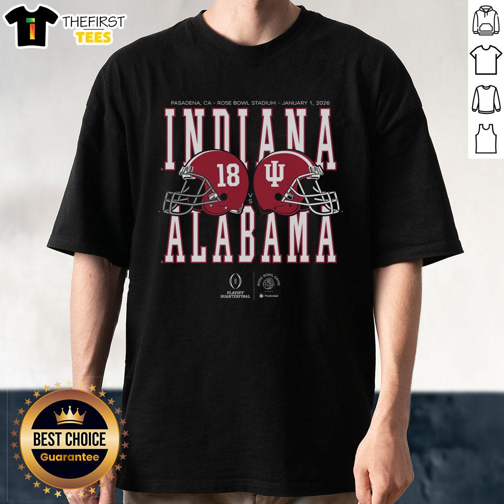 2026 Rose Bowl Game Alabama vs Indiana helmet matchup T-shirt featuring team logos and vibrant colors.