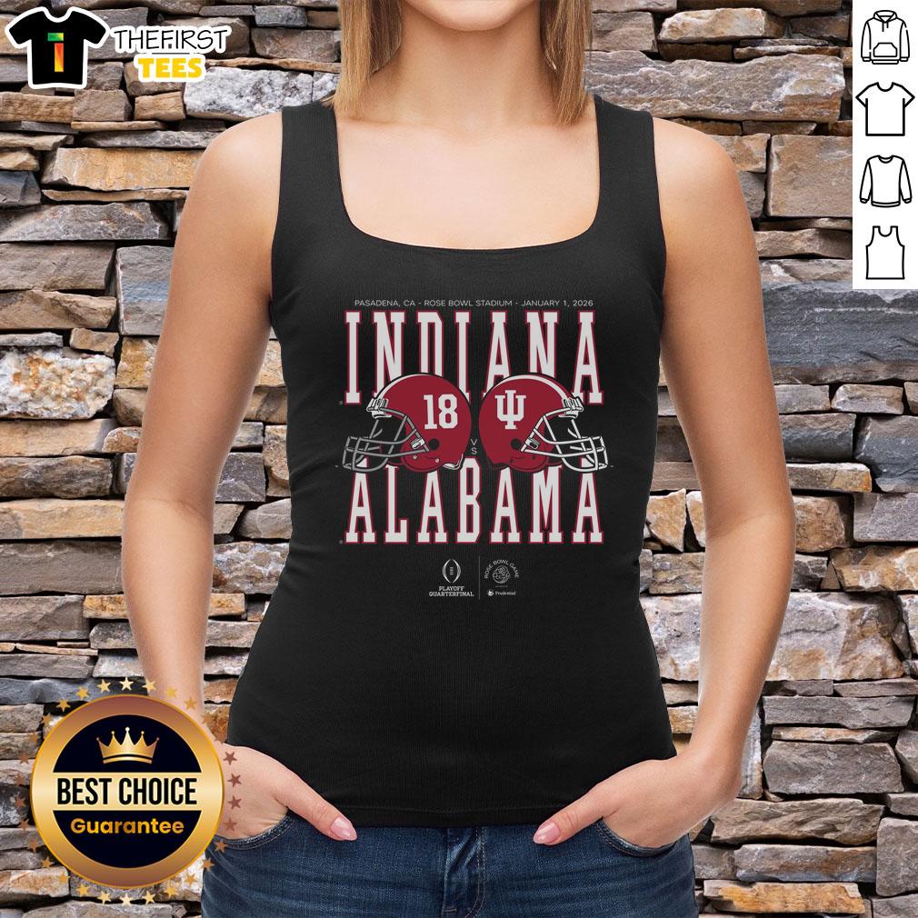 2026 Rose Bowl Game tank top featuring Alabama vs Indiana helmet matchup design for fans and sports enthusiasts.