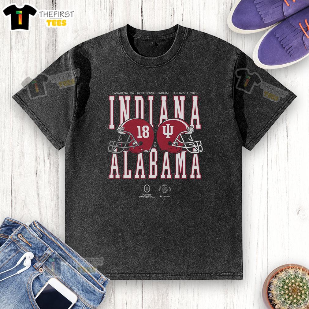 2026 Rose Bowl Game Alabama vs Indiana helmet matchup on a washed T-shirt, showcasing team pride and college football spirit.